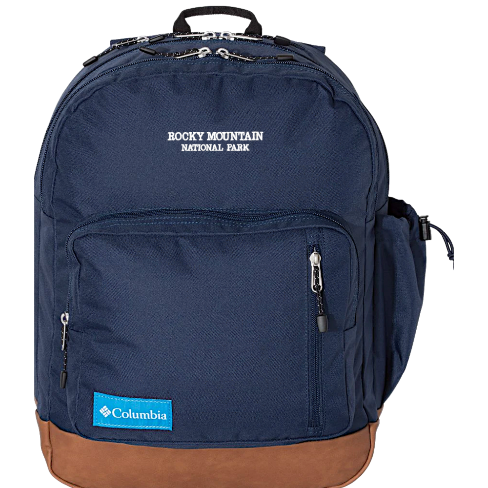 The Columbia RMNP Limited Edition Backpack in navy and tan.