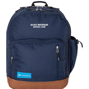 The Columbia RMNP Limited Edition Backpack in navy and tan.