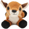 A small plush fawn lying down on a white background.
