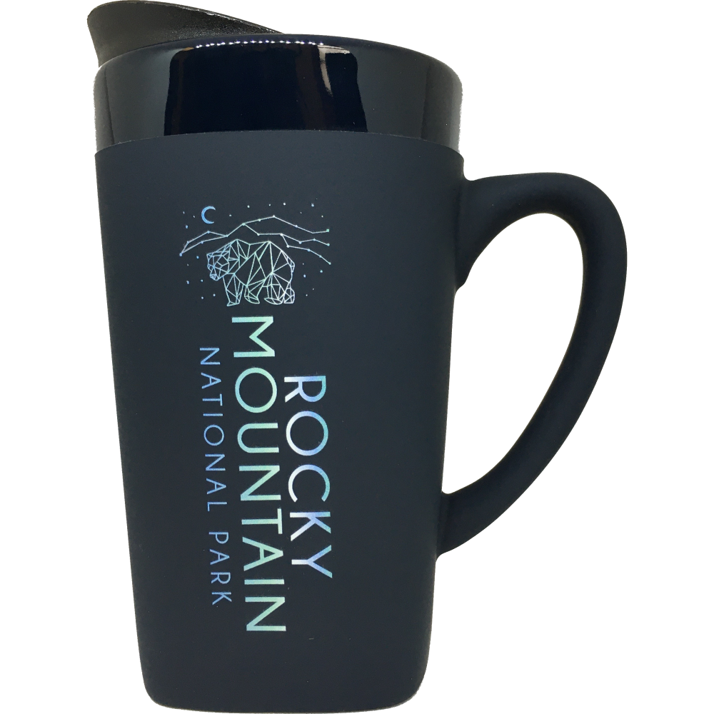 A black mug with the words Colorado Red Mesh on it.