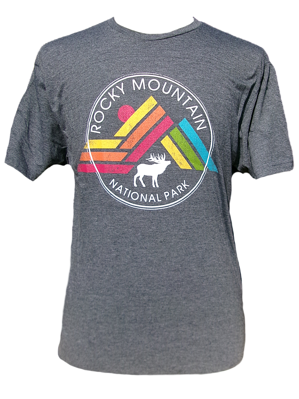 Gray t-shirt with a vibrant graphic, reads "Rocky Mountain National Park" and showcases a moose. Known as the Short Sleeve Shirt - Geometric Elk.