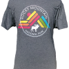 Gray t-shirt with a vibrant graphic, reads "Rocky Mountain National Park" and showcases a moose. Known as the Short Sleeve Shirt - Geometric Elk.
