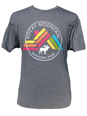Gray t-shirt with a vibrant graphic, reads "Rocky Mountain National Park" and showcases a moose. Known as the Short Sleeve Shirt - Geometric Elk.