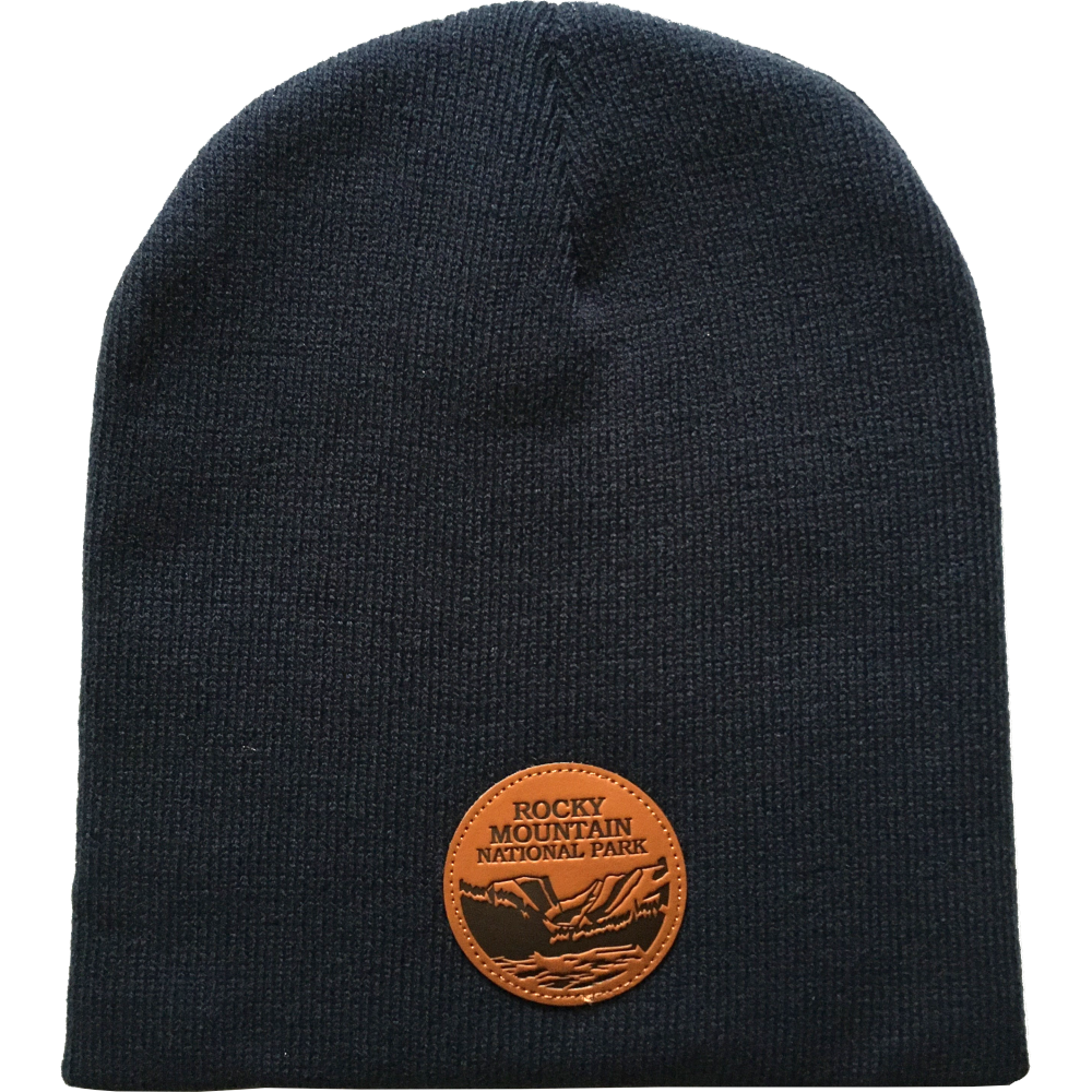 A black Hat - Beanie RMNP Dream Lake with a leather patch on it.
