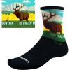 A black Socks - RMNP Elk with an image of an elk and a mountain.