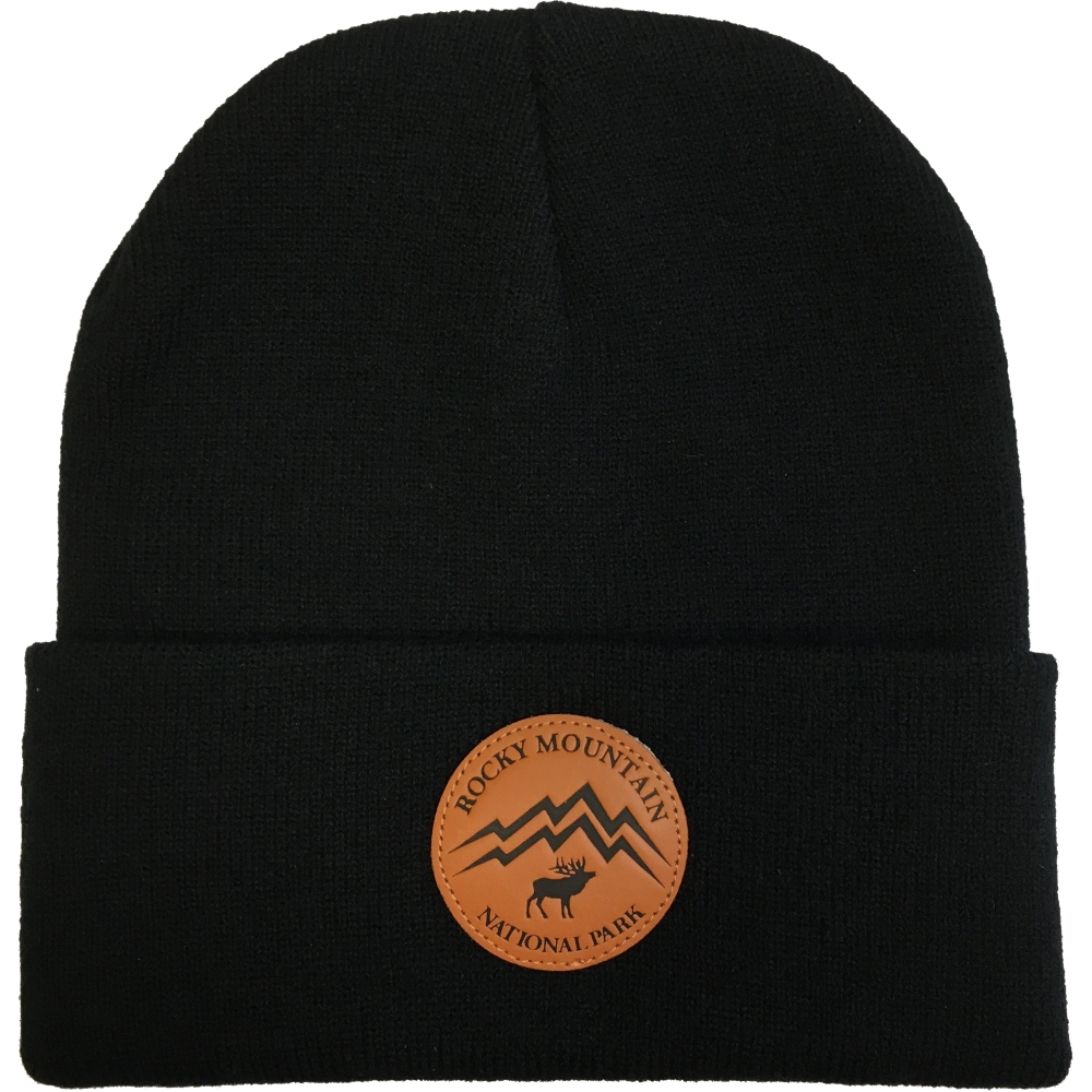 A black Hat - Beanie RMNP Mountain Elk with a mountain logo on it.