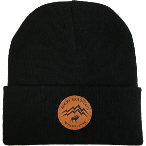 A black Hat - Beanie RMNP Mountain Elk with a mountain logo on it.