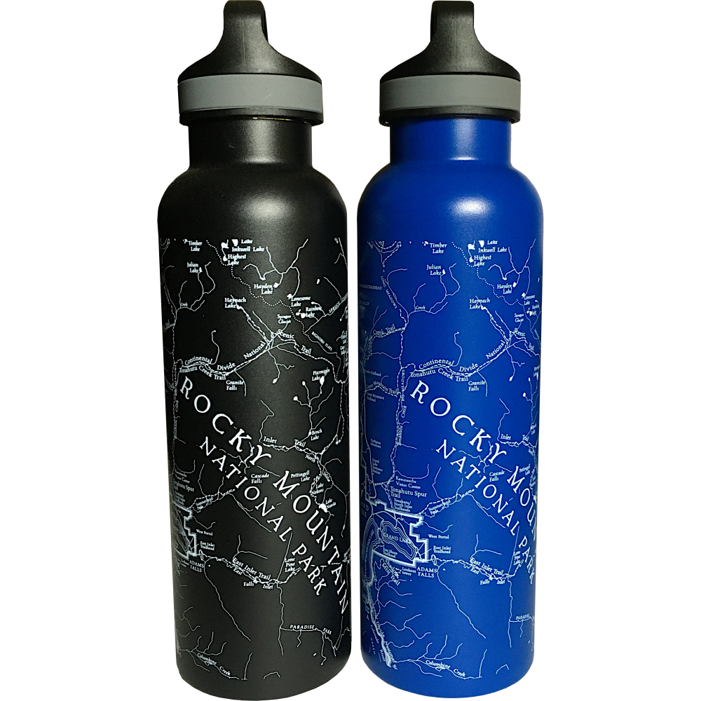 A blue and black Water Bottle - RMNP Stainless Steel Map.