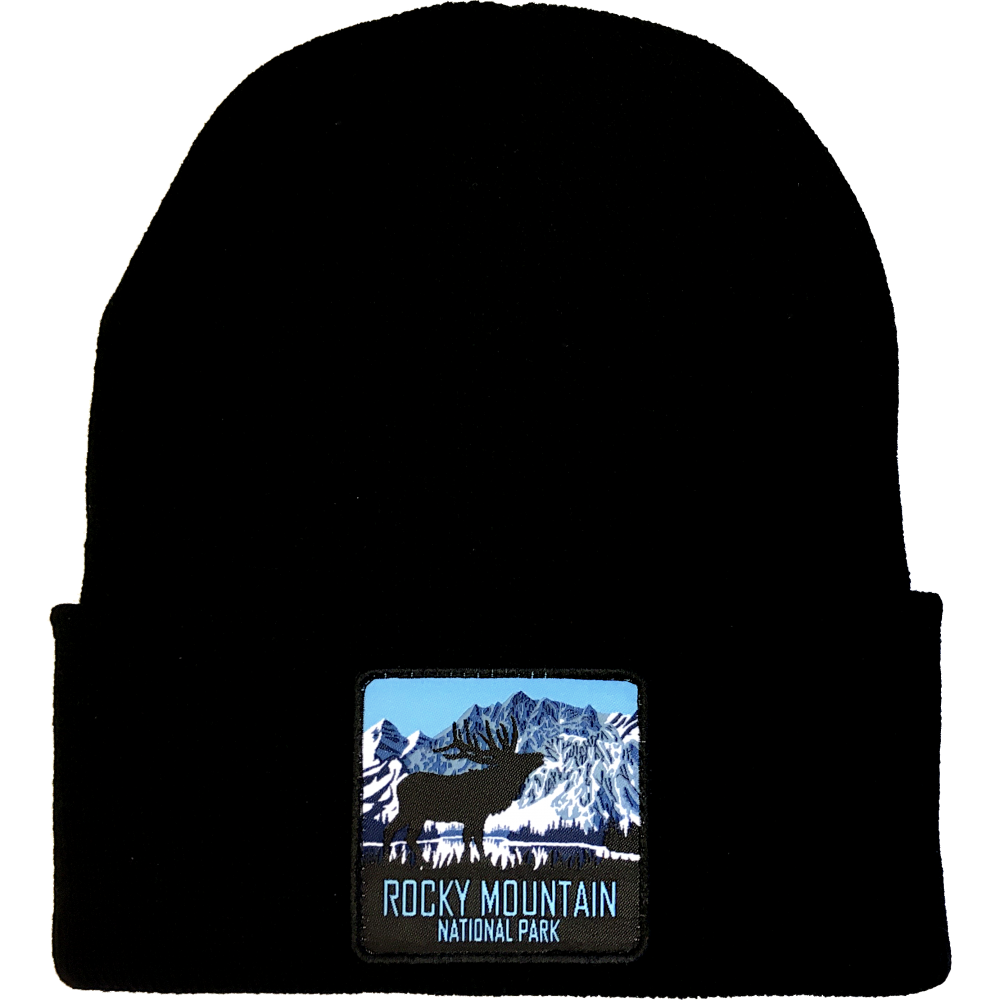 A black beanie with a Elk Patch on it.