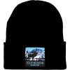 A black beanie with a Elk Patch on it.