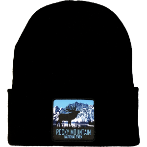 A black beanie with a Elk Patch on it.