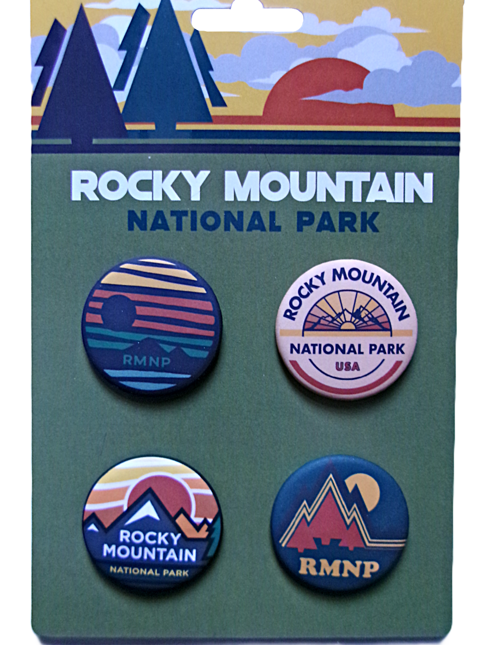 The Button Collection - RMNP Olive features four pins with mountain and sun designs on a cardboard backing.