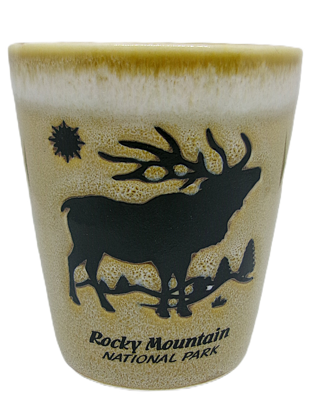 Beige shot glass featuring an elk silhouette and the text "Rocky Mountain National Park.