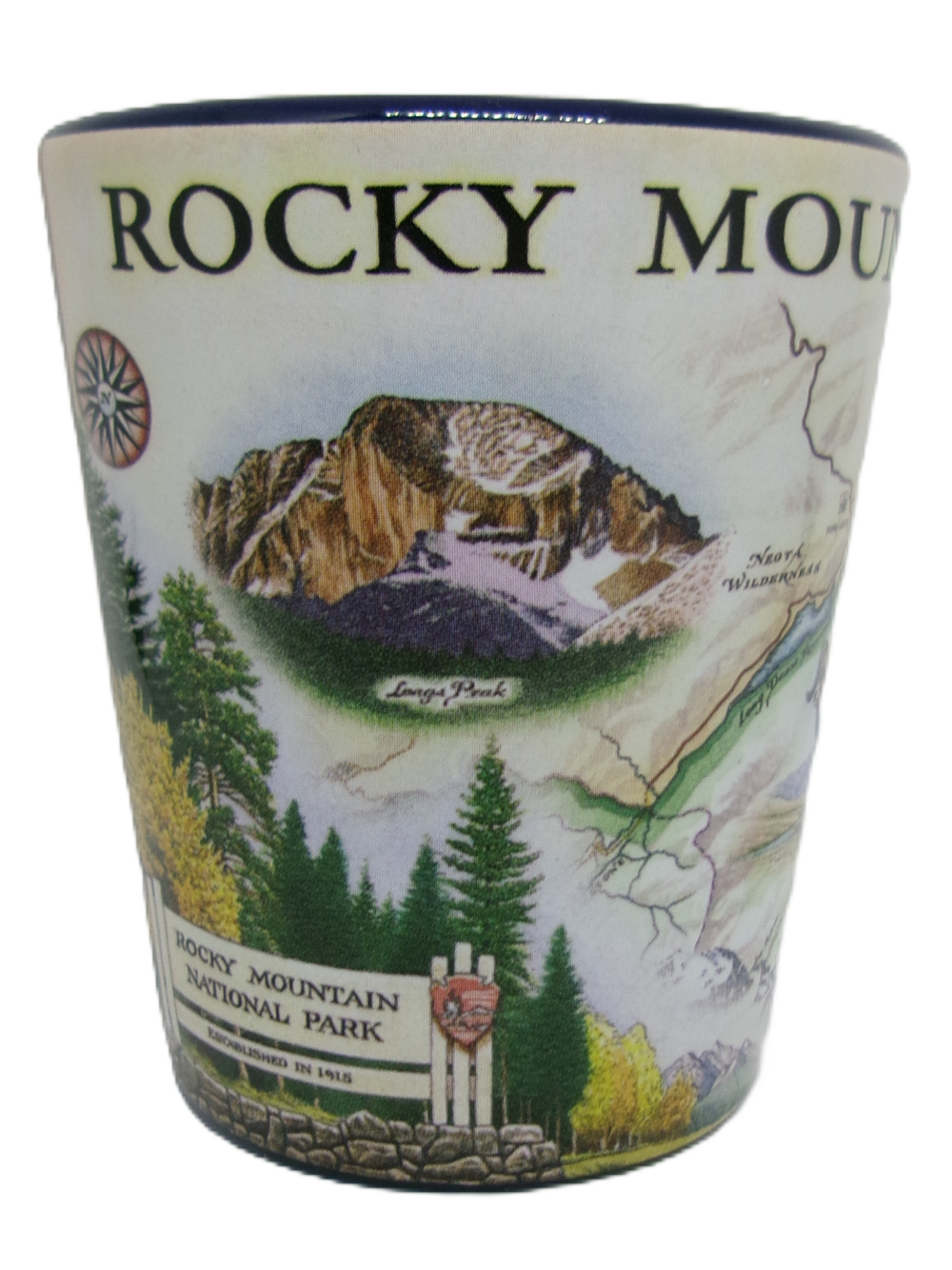 Rocky Mountain National Park souvenir shot glass, known as the Shot Glass - RMNP Map Blue Xplorer, showcases a map, mountain illustration, and park emblems.
