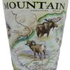 The RMNP Map Blue Xplorer shot glass features a colorful mountain map with illustrations of a moose and bighorn sheep.