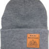 A gray Hat - Beanie RMNP Tri-Peak with a patch that says rocky mountain.