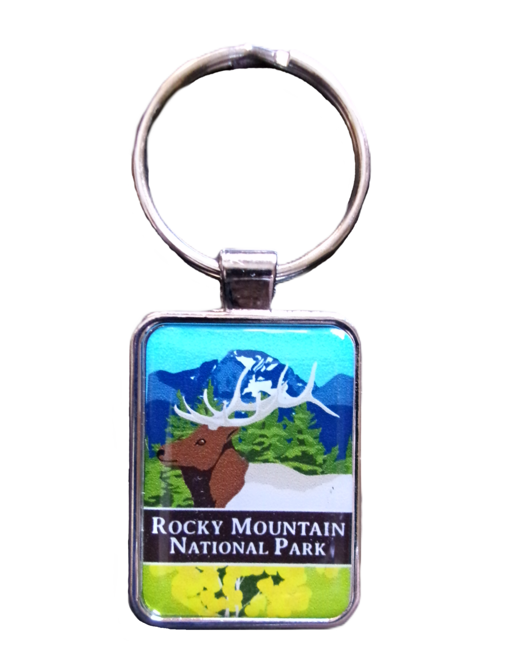 The RMNP Collectors Elk Keychain displays an elk with antlers among blue mountains and green trees labeled "Rocky Mountain National Park.