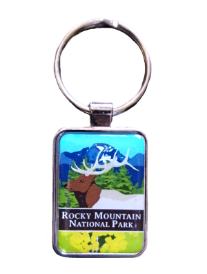 The RMNP Collectors Elk Keychain displays an elk with antlers among blue mountains and green trees labeled "Rocky Mountain National Park.