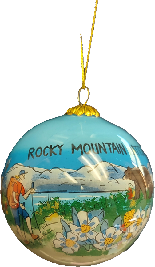 mtn scence A glass ornament with the words Rocky Mountain National Park Mountain Scene on it.