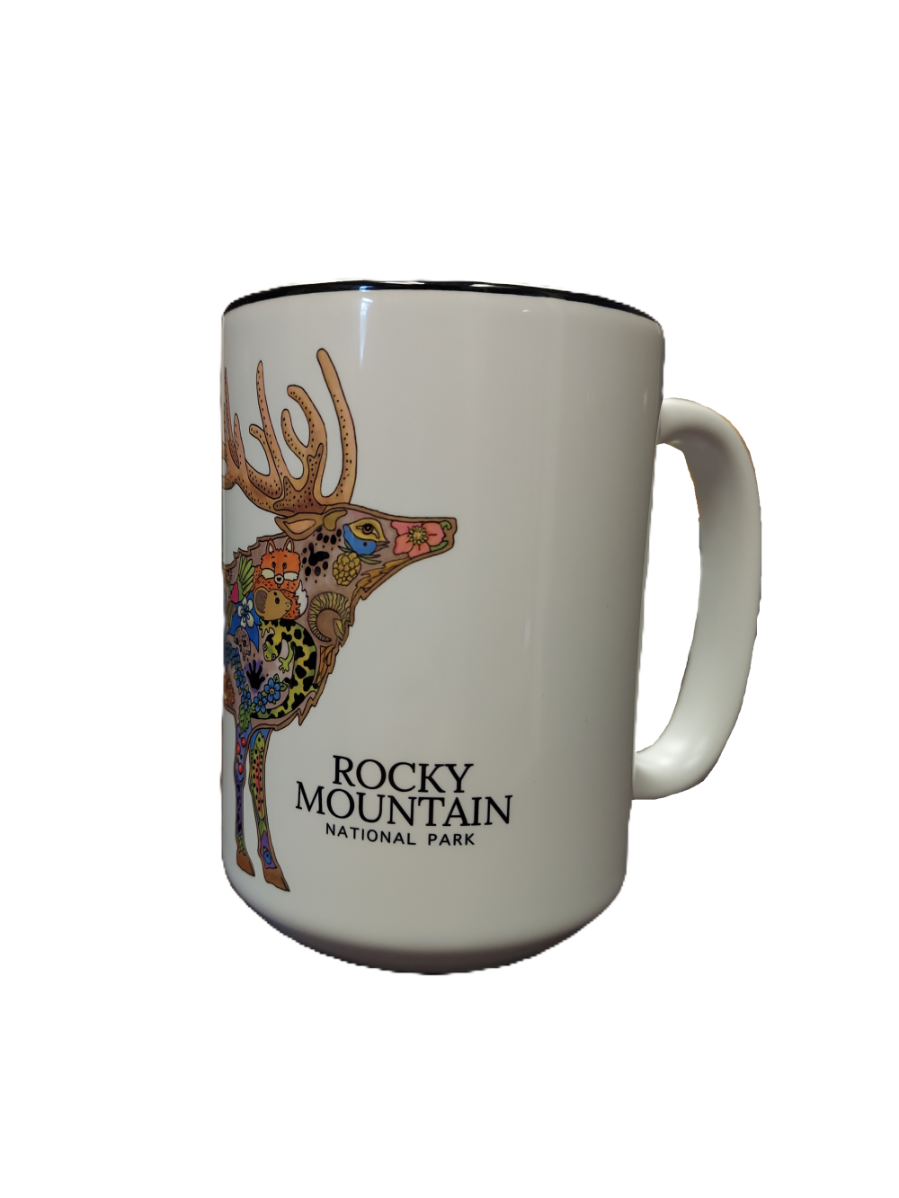 White mug showcasing a vibrant geometric elk collage design with the text "Rocky Mountain National Park.