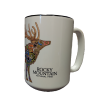 White mug showcasing a vibrant geometric elk collage design with the text "Rocky Mountain National Park.