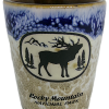 Blue Tan Elk Two-tone shot glass with an elk and tree silhouette, labeled "RMNP.