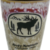 Red Tan Elk Shot glass featuring a Rocky Mountain National Park logo, showcasing an elk silhouette and mountain scene in two-tone shades.