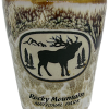 Tan Tan Elk Two-tone shot glass featuring an elk and tree scene with the "RMNP" text.