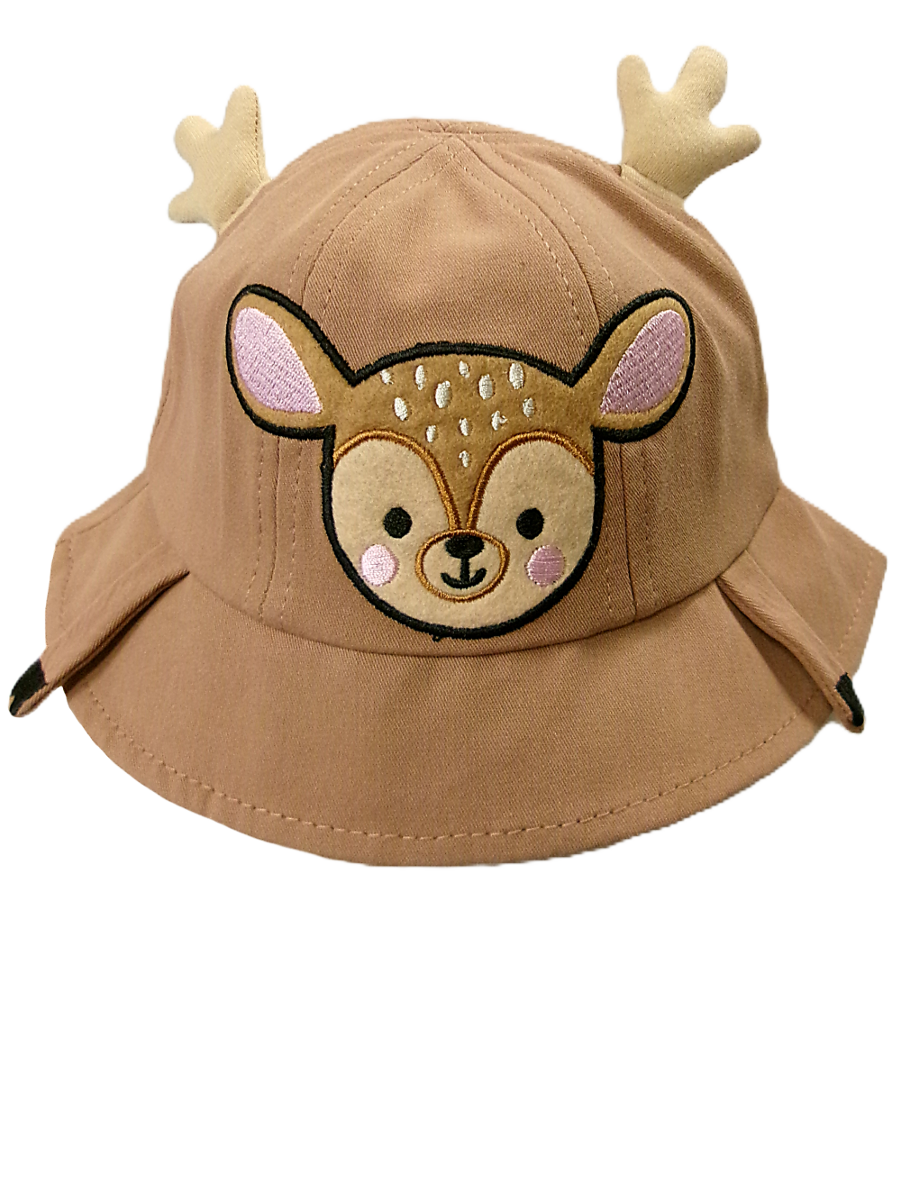 Brown toddler bucket hat featuring an embroidered deer face with 3D antlers.