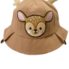 Brown toddler bucket hat featuring an embroidered deer face with 3D antlers.