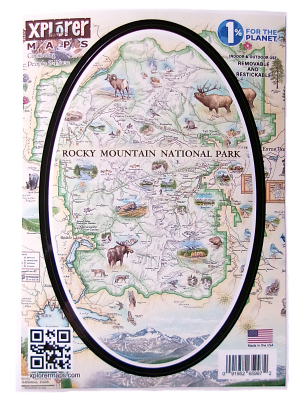The Sticker - RMNP Xplorer Map features an illustrated representation of Rocky Mountain National Park, showcasing its wildlife and landscape elements, all within an oval border.