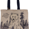 A tote bag with two black bears and their cubs.
