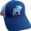 Embroide elk A blue trucker hat with an RMNP Embroidered Elk on it.