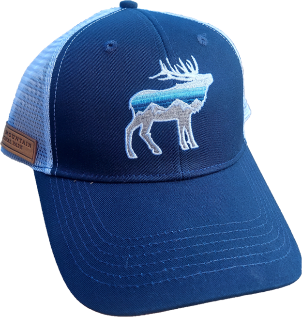 Embroide elk A blue trucker hat with an RMNP Embroidered Elk on it.