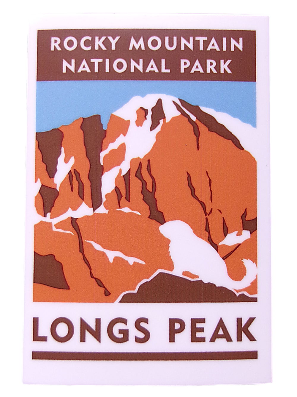 LP Travel Sticker Sticker illustration of Longs Peak with snow, brown rocks, and a blue sky. Text: "Rocky Mountain National Park, Longs Peak." Product Name: Sticker - RMNP Travel Sticker Longs Peak.