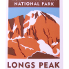 LP Travel Sticker Sticker illustration of Longs Peak with snow, brown rocks, and a blue sky. Text: "Rocky Mountain National Park, Longs Peak." Product Name: Sticker - RMNP Travel Sticker Longs Peak.