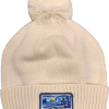 Ivory BEanie A white beanie with a mountain patch on it.