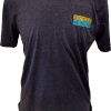 A black T-shirt with a yellow and blue RMNP Scribble Elk logo.