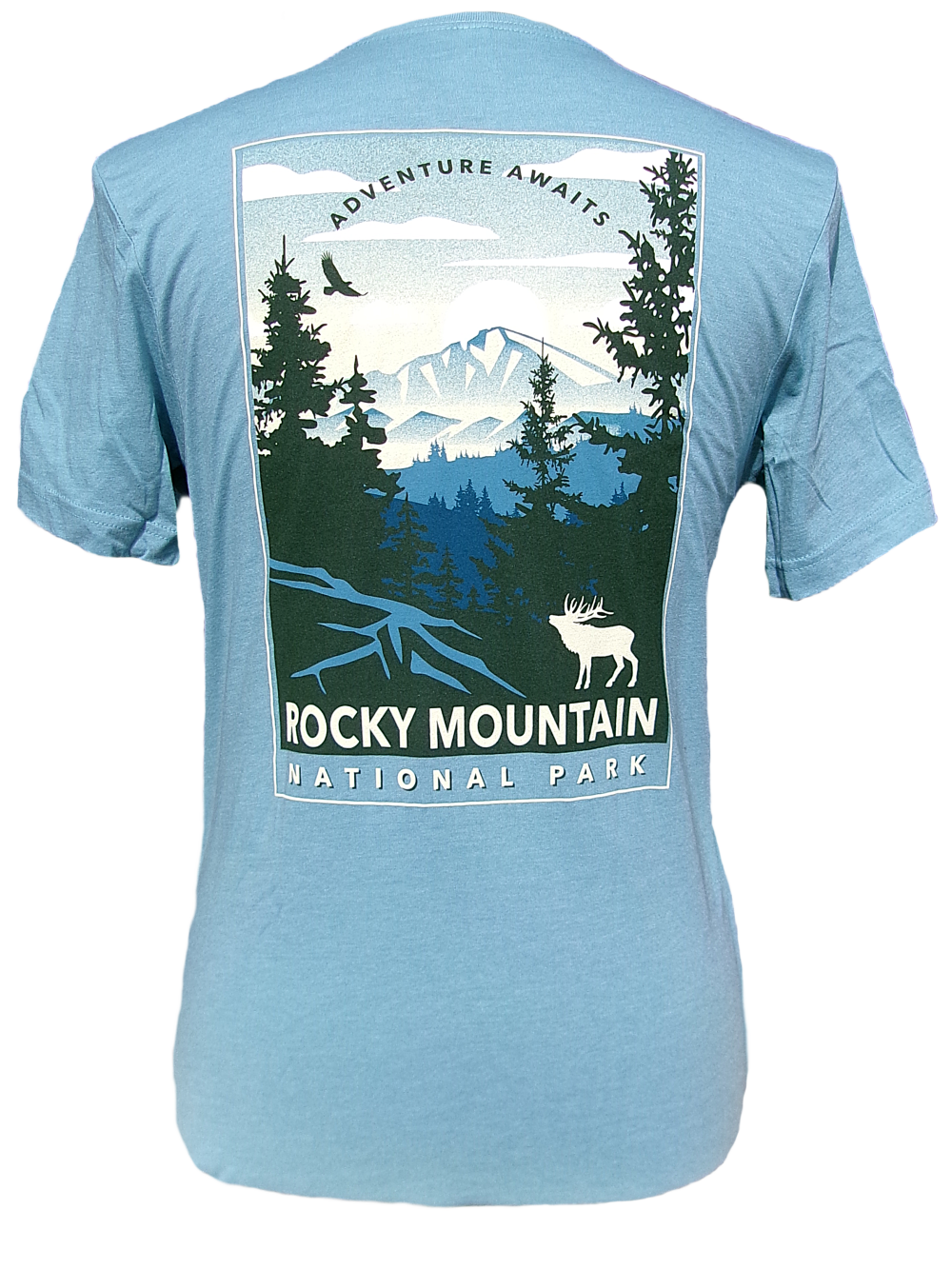 Blue T-shirt named "T-Shirt - RMNP Adventure Awaits" showcasing Rocky Mountain National Park with trees, mountains, a moose, and a bird. The text "Adventure Awaits" is displayed at the top.