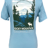 Blue T-shirt named "T-Shirt - RMNP Adventure Awaits" showcasing Rocky Mountain National Park with trees, mountains, a moose, and a bird. The text "Adventure Awaits" is displayed at the top.