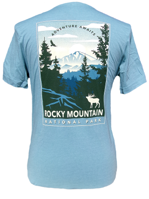 Blue T-shirt named "T-Shirt - RMNP Adventure Awaits" showcasing Rocky Mountain National Park with trees, mountains, a moose, and a bird. The text "Adventure Awaits" is displayed at the top.