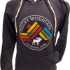 GeoElk Hood The Sweatshirt - RMNP GeoElk Hood is a dark hoodie featuring a "Rocky Mountain National Park" logo with a colorful mountain design and a white moose silhouette on the front.