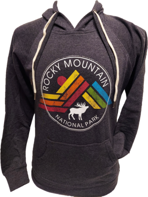 The Sweatshirt - RMNP GeoElk Hood is a dark hoodie featuring a "Rocky Mountain National Park" logo with a colorful mountain design and a white moose silhouette on the front.
