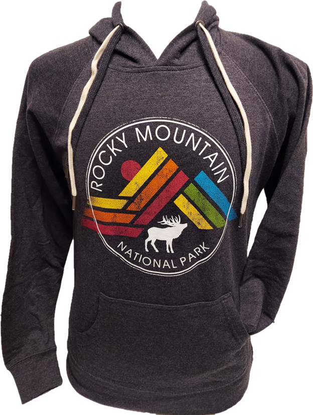 GeoElk Hood The Sweatshirt - RMNP GeoElk Hood is a dark hoodie featuring a "Rocky Mountain National Park" logo with a colorful mountain design and a white moose silhouette on the front.