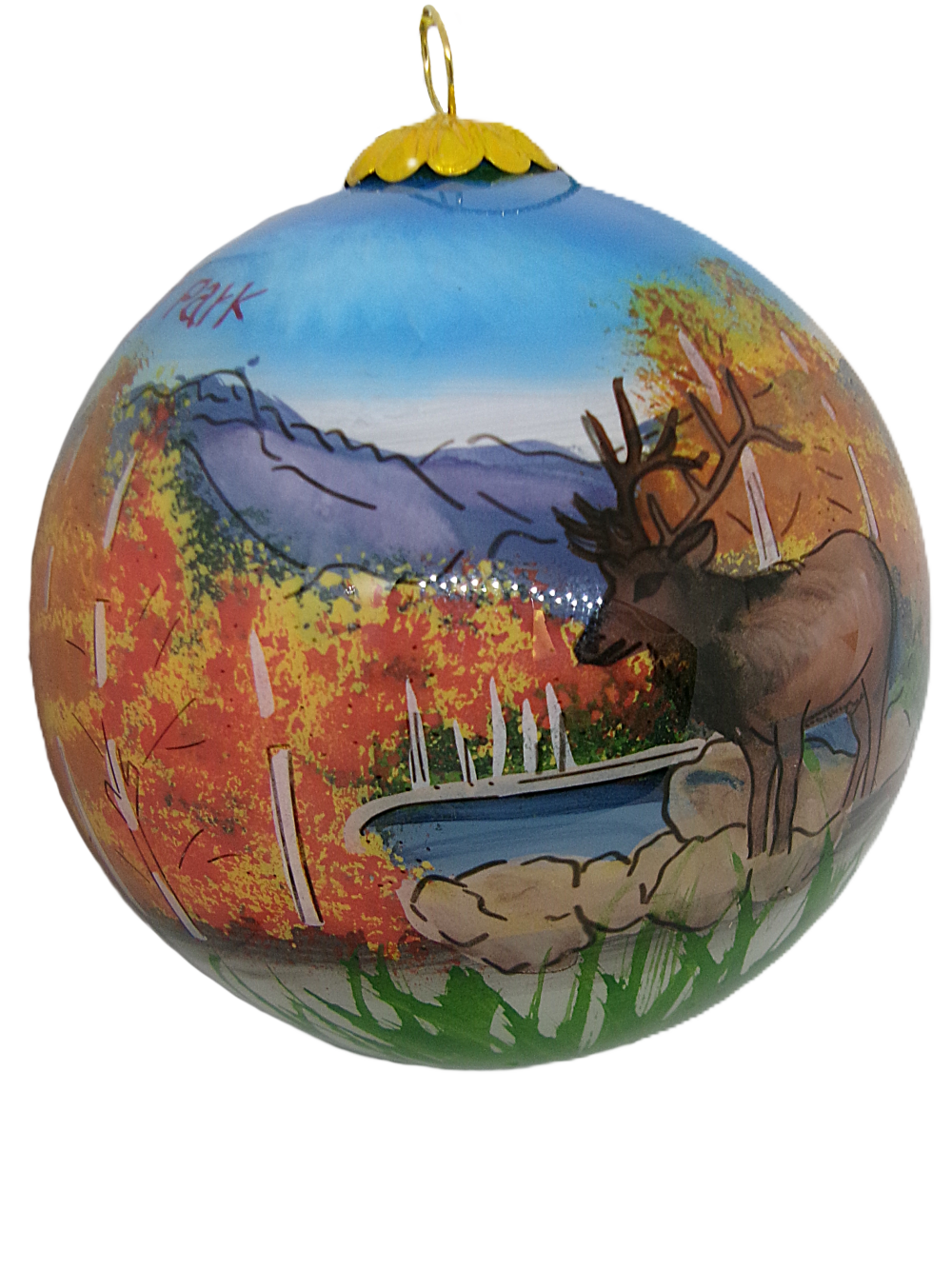 Ornament featuring a fall scene with a deer by a pond, framed by autumn trees and mountains in the background, named RMNP Fall Scene Glass.