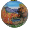 Ornament featuring a fall scene with a deer by a pond, framed by autumn trees and mountains in the background, named RMNP Fall Scene Glass.