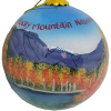 A hand-painted ornament labeled "Ornament - RMNP Fall Scene Glass" showcases a mountain landscape with vibrant autumn trees, topped with a gold cap and hanging loop.