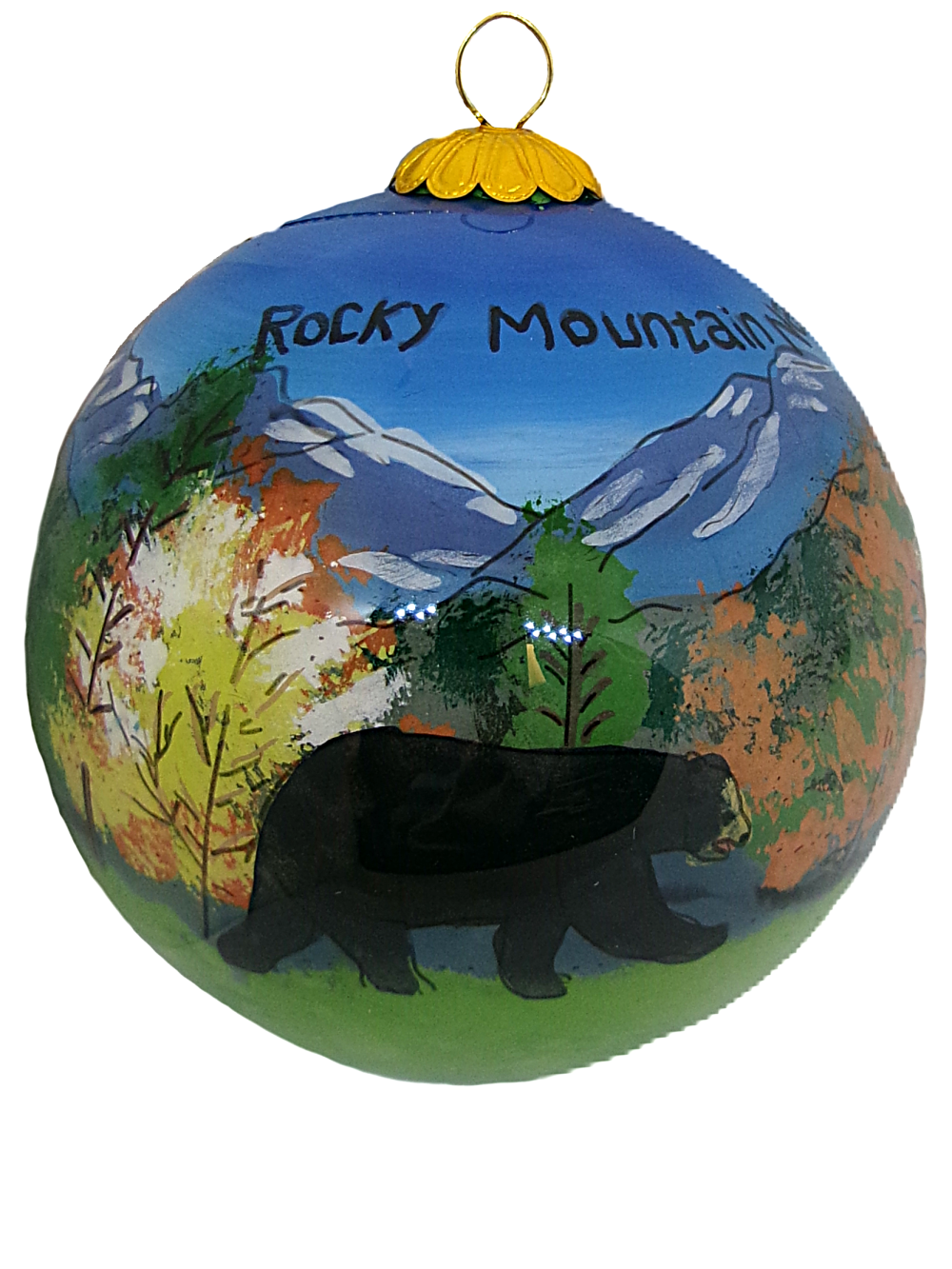Bear Scene Bulb The Ornament - RMNP Fall Bear Scene Glass features a round design with a bear, colorful trees, and snow-capped mountains labeled "Rocky Mountain.