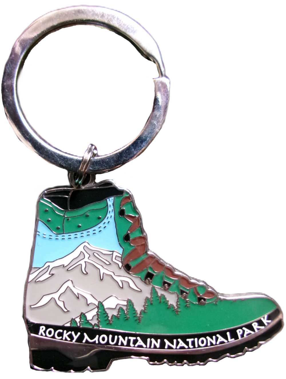Keychain labeled “RMNP Hiking Boot” features a mountain scene shaped like a hiking boot.