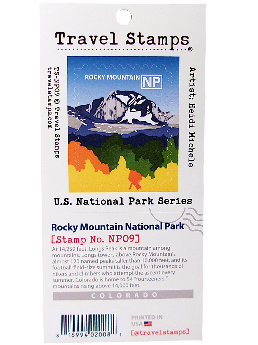 Travel Stamp Colorful travel stamp sticker featuring a mountain scene labeled "Rocky Mountain NP," part of the U.S. National Park Series. Includes details about Longs Peak and stamp number NP09.